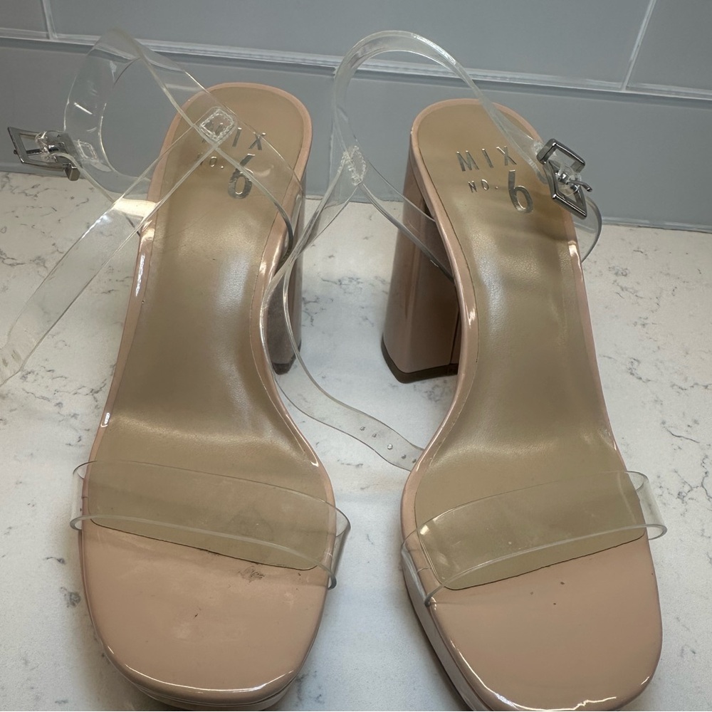 Mix No. 6 Nude Block Heels with Clear Straps
